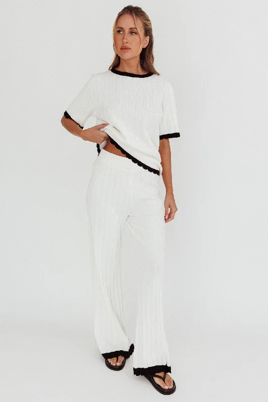 Liloh Contrast Trim Ribbed Knit Pants White